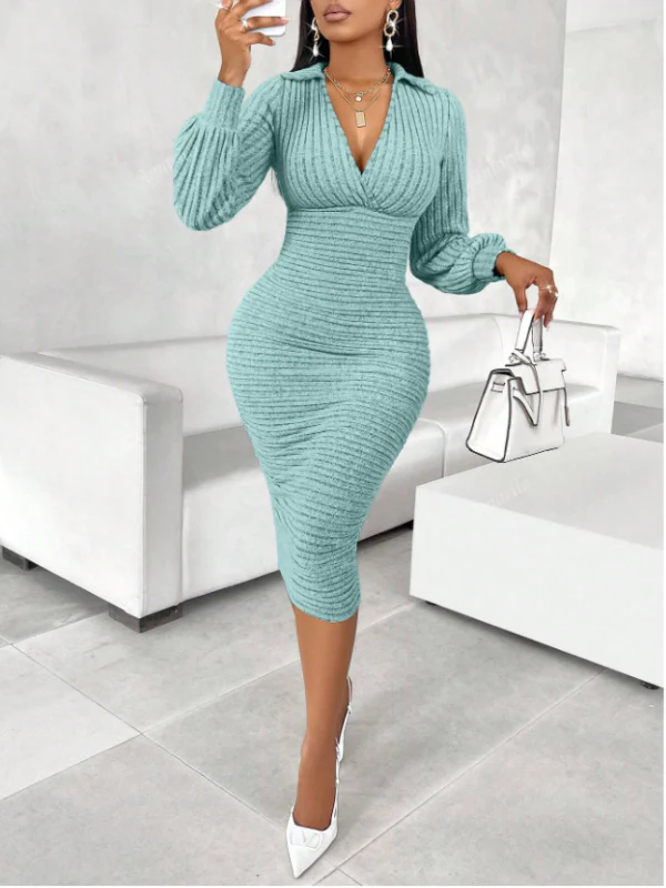 Casual Knitted Dress with Deep V - Image 3