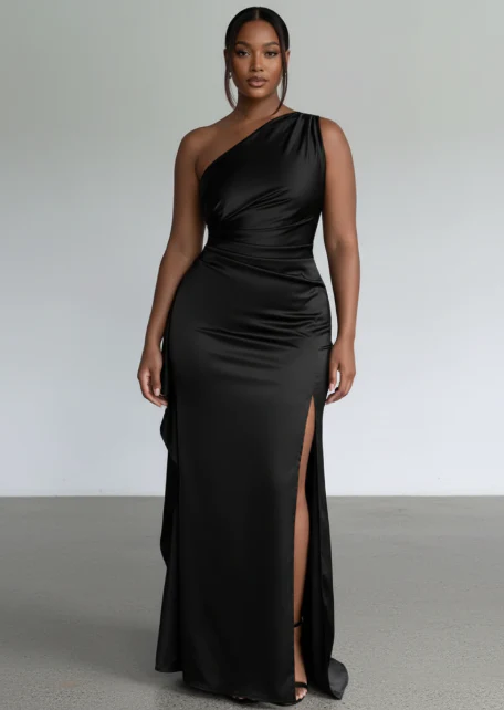 One Shoulder Satin High-Slit Maxi Dress
