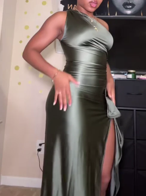 One Shoulder Satin High-Slit Maxi Dress - Image 2
