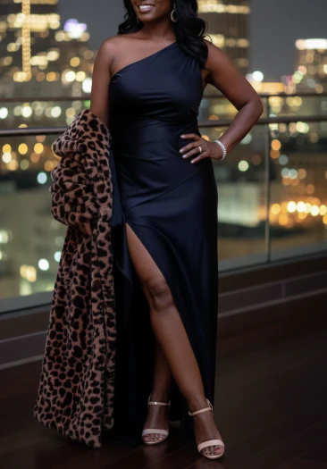 One Shoulder Satin High-Slit Maxi Dress - Image 3